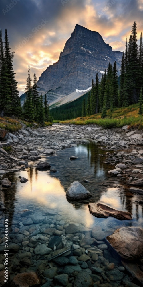 Poster a mountain is reflected in a stream of water. generative ai.