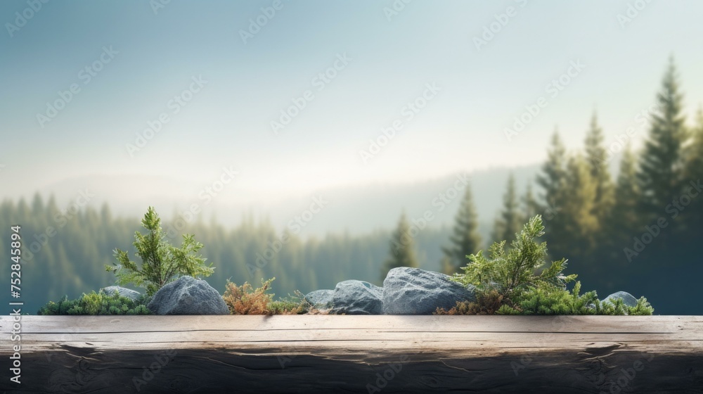 Poster a wooden table with rocks and trees in the background. generative ai.