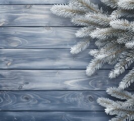 A wooden background with a white christmas tree and branches. Generative AI.