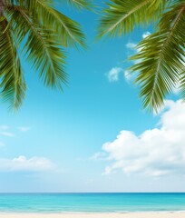 A beach with palm trees and a blue sky. Generative AI. © sergio