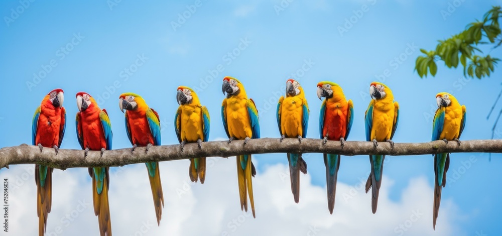 Poster a group of colorful parrots sitting on a branch together. generative ai.