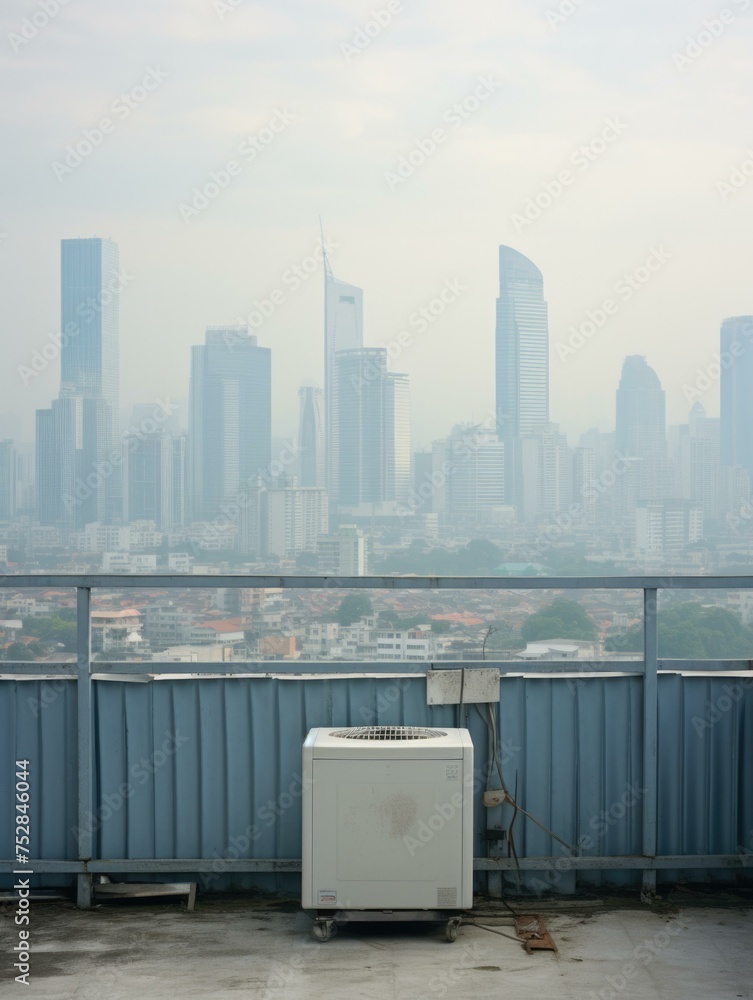 Poster a view of a view of a city skyline from a rooftop. generative ai.