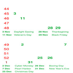 November - December 2024 Festive Holidays Calendar with  Week  Numbers