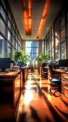 A large open office with lots of computers and plants. Generative AI.