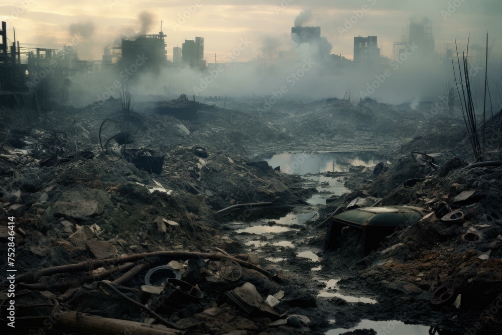 Poster a large pile of garbage and debris in a city. generative ai.