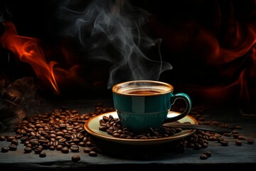 Hot cup of coffee with smoke and coffee beans. Generated with AI