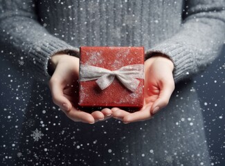 A person holding a red gift box in their hands. Generative AI.