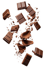 Levitating milk chocolate chunks isolated on white background. Flying Chocolate pieces, shavings and cocoa crumbs Top view. Flat lay
