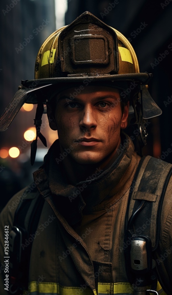 Poster a man in a fireman's uniform with a helmet on. generative ai.