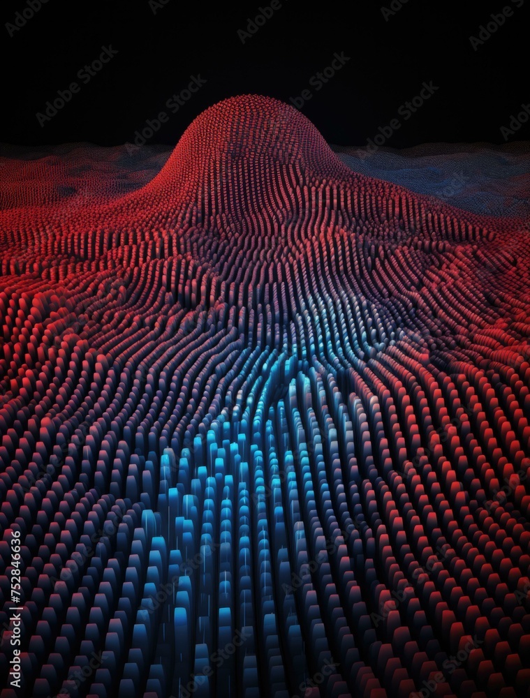 Poster a 3d image of a large mound of blue and red shapes. generative ai.