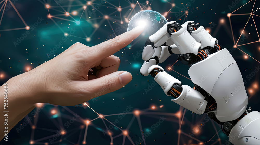 Poster a person is touching a robot with their finger, exploring the tactile interface of the mechanical be