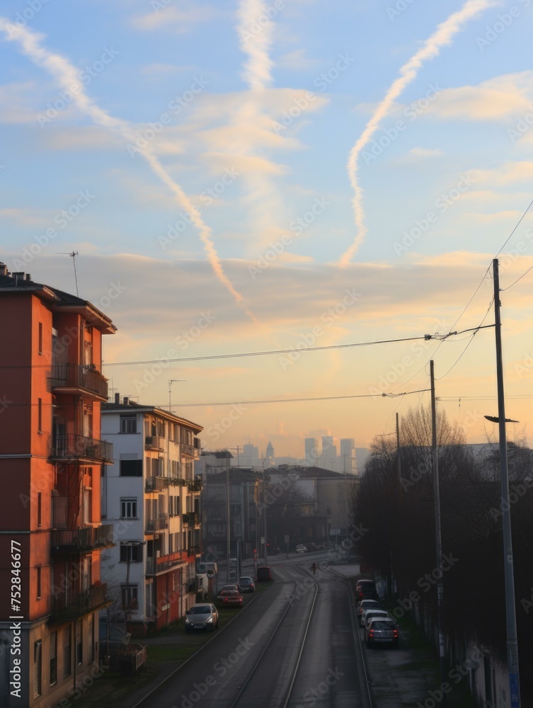 Poster a street with a train running down it with a sky full of contrails. generative ai.