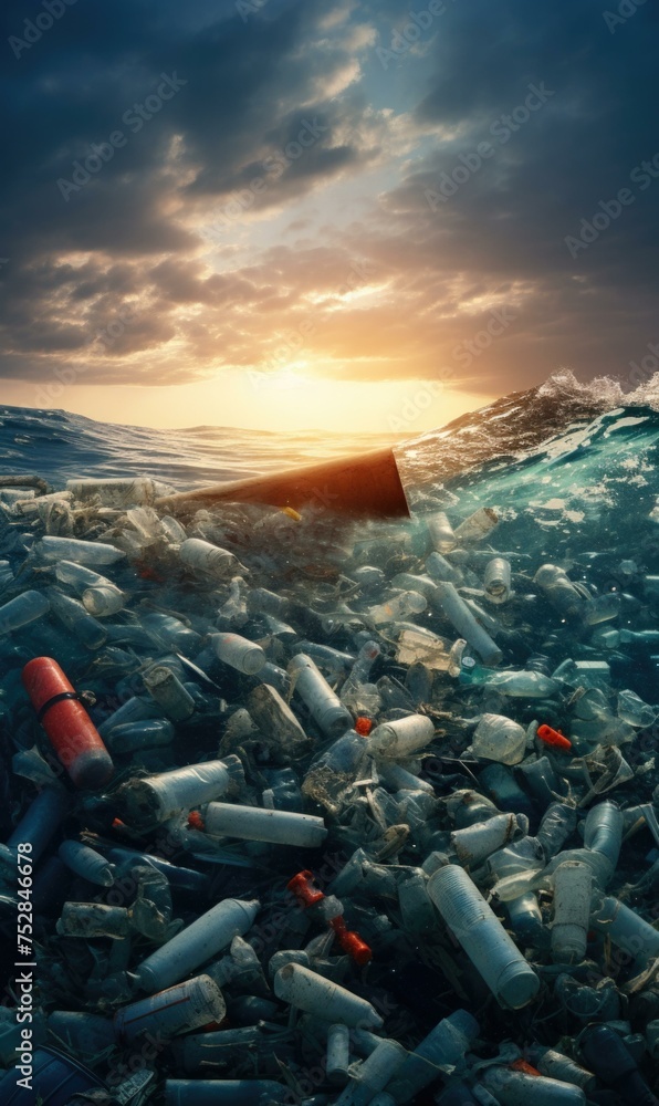 Aufkleber a large amount of plastic bottles and other trash floating in the ocean. generative ai.