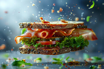 Crisp savory club sandwich in midair showcasing tantalizing flavors and depth of field under studio light for an advertising edge