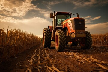 A big tractor in corn field, combine harvester working in wheat field, An agricultural tractor...