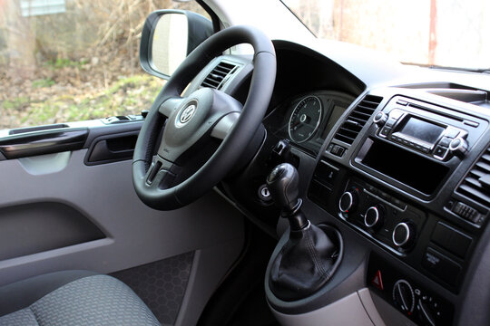 Vinnytsia, Ukraine; February 23, 2024. Volkswagen Transporter Caravelle Multivan T6 driver seat. Volkswagen Transporter interior. Volkswagen Multivan T6 dashboard.