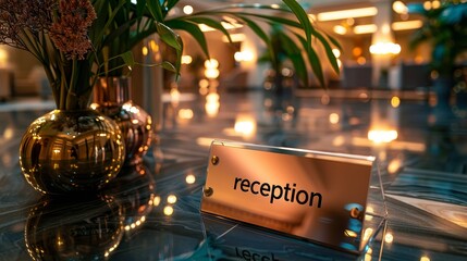Naklejka premium Lobby Welcome: Reception Sign Positioned on Table for Guests