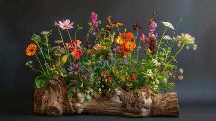 Colorful flowers gathered on weathered wood surface