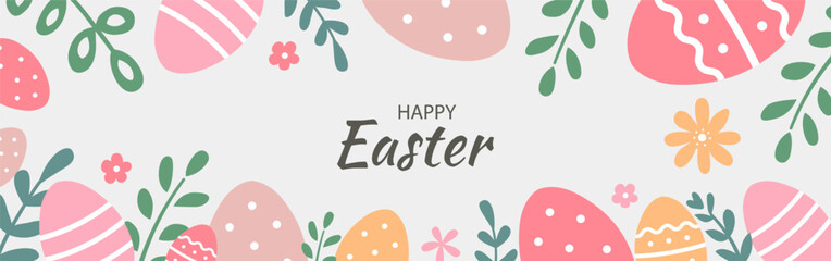 Holiday banner with Easter eggs and flowers. Trendy minimalist design in pastel colors. - 752847003