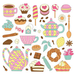 Tea, coffee and dessert elements in doodle style. Baking and sweets for your design. - 752847028