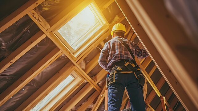 A builder is constructing a wooden hilltop. Craftsmanship, wooden structure, hillside project, carpentry, builder at work Generated by AI