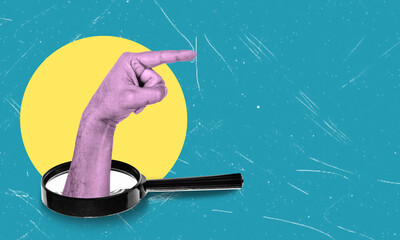 Collage picture of a poster of a human hand pointing to an empty background from a magnifying glass.