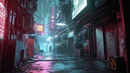 Street in cyberpunk style. Anti design, neon, metropolis, hackers, artificial intelligence, rain, night, graffiti, cybernetic implants, dystopia. Generated by AI - obrazy, fototapety, plakaty