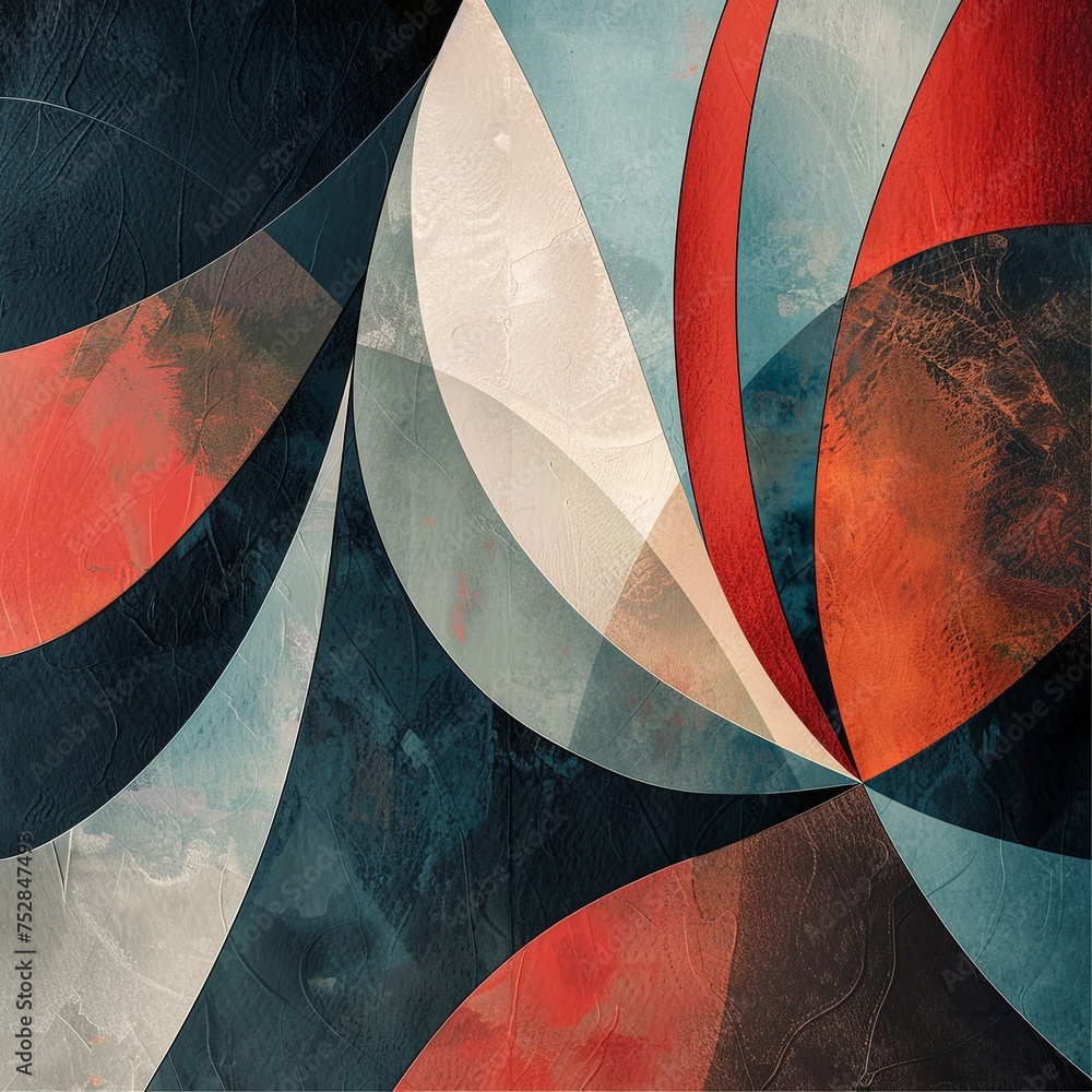 Poster Abstract Geometric Composition with Textured Layers
This image features a complex abstract geometric design with overlapping textured shapes in a rich, contrasting color palette.

