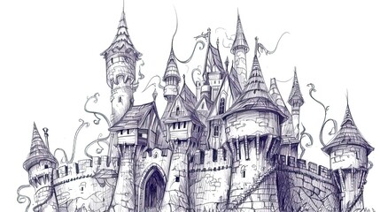 Obraz premium Drawn castle. Abstract, fantasy, aqueduct, fairy tale, doodle, princess, fortress, knight, palace, tower, middle ages, king, prince, kingdom. Generated by AI