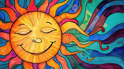 Smiling sun. Abstract, doodle, summer, joy, warmth, happiness, clarity, positive, childhood, vacation, beach, energy, light, nature, life, morning. Generated by AI