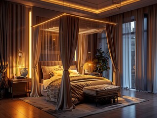 Luxurious Canopy Bed with Warm Ambient Lighting
