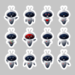 Vector set of stickers of cute robots with different emotions. Children's image for prints, stickers, children's room decoration. Science technology icon concept.