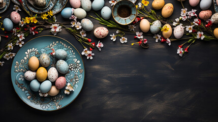 Easter decoration on an old wooden table, Generative AI - 752847840