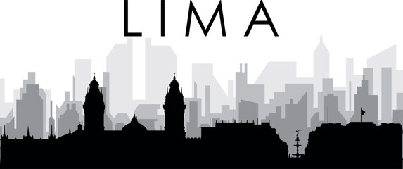 Naklejka premium Black cityscape skyline panorama with gray misty city buildings background of LIMA, PERU