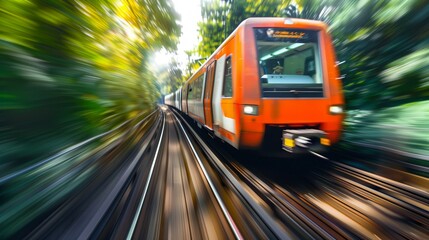 A train drives away from the camera, showcasing vibrant colors with the environment in motion blur. - obrazy, fototapety, plakaty
