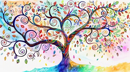 Patterned multi-colored tree. Abstract, doodle, art, psychedelic, forest, leaves, trunk, bark, life, crown, hollow, branch, bush, root, paper, branches. Generated by AI
