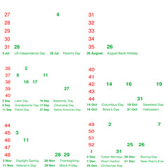 2024 2nd-Half Holidays Calendar with Week Numbers - July to December