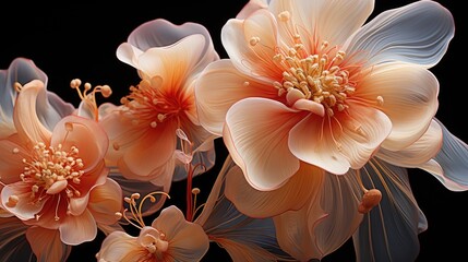 Surreal 3D, flowers 3D wallpaper. Flowers dark 3d wallpaper. Wonderful fantasy magical flowers with delicate petals. 3D rendering. Floral background. - obrazy, fototapety, plakaty