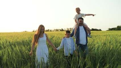 unite family entrepreneurship. proud wife, supports entrepreneurial endeavors, building thriving business together, agriculture, boy son, girl daughter father shoulders, happy faces family, walk wheat