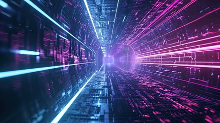 Fototapeta na wymiar Glowing lines forming a tunnel of light in a cyberpunk. Technology, digital, anti-design, urban, night, cityscape. Generated by AI