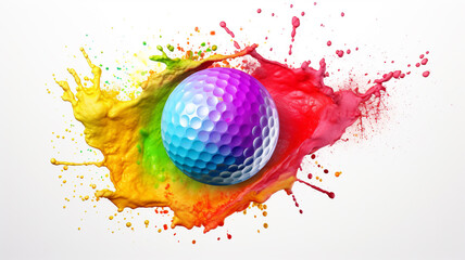 A golf ball with colorful splash on white background - obrazy, fototapety, plakaty