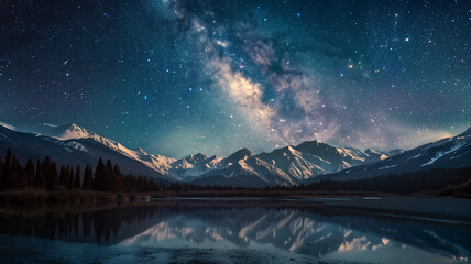Starry night scene: milky way over mountains and rivers in the dark - Powered by Adobe