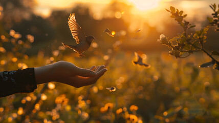 hand woman releases birds into nature during sunset, creating a symbolic and poetic moment of freedom and connection with the natural world - obrazy, fototapety, plakaty