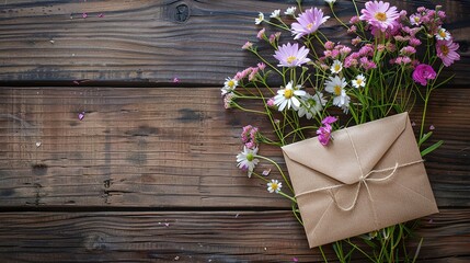greeting envelope with flowers on wooden background, generative ai, generative,ai