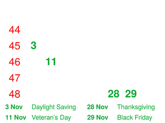 November 2024 Festive Holidays Calendar with  Week  Numbers