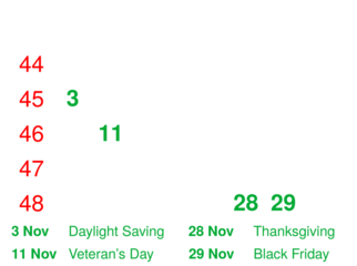 November 2024 Festive Holidays Calendar with  Week  Numbers