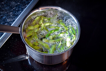 Cooking edamame in a pot