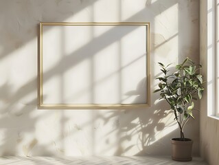 Simple horizontal Beige color thin picture frame mockup on white wall and simple minimalist...