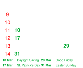March 2024 Holidays Calendar with Week Numbers