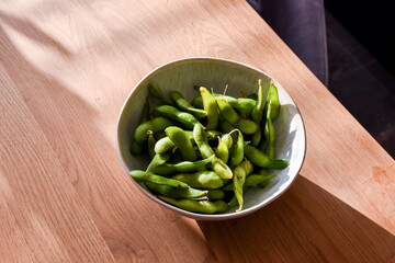 Boiled edamame in a bowl